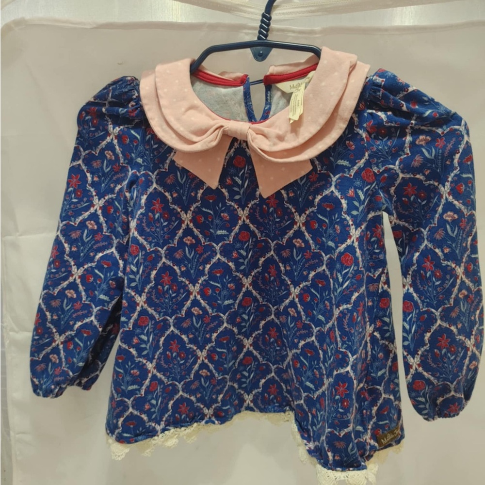 Matilda Jane Blue and Red Kids Blouse with Pink Collar